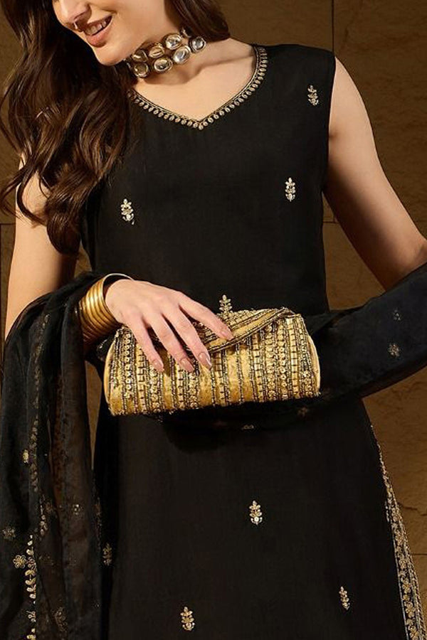 Black Silk Blend Embroidered Straight Kurta Palazzo With Dupatta HOPKSKD2722