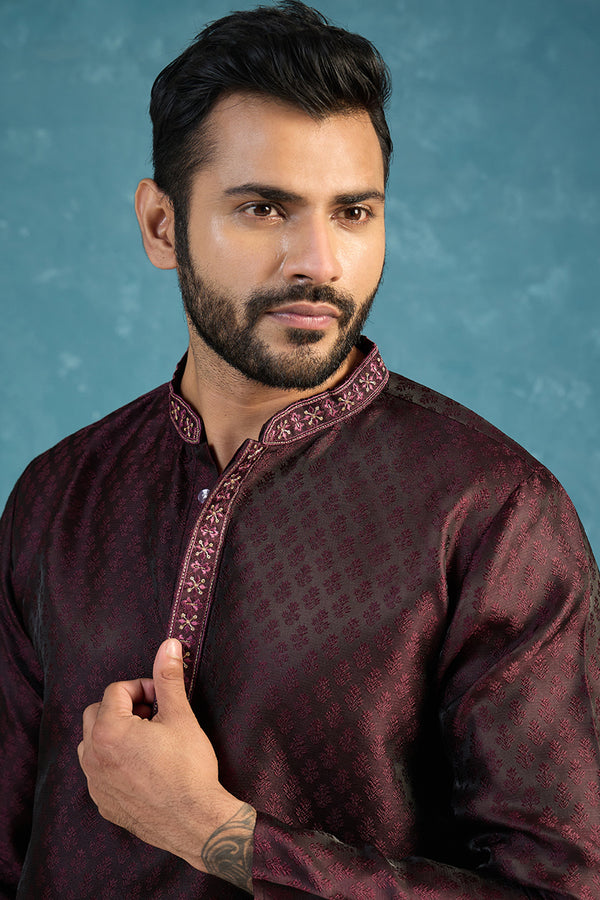 Purple Silk Blend Woven Design Straight Kurta With Trouser MKSET1835