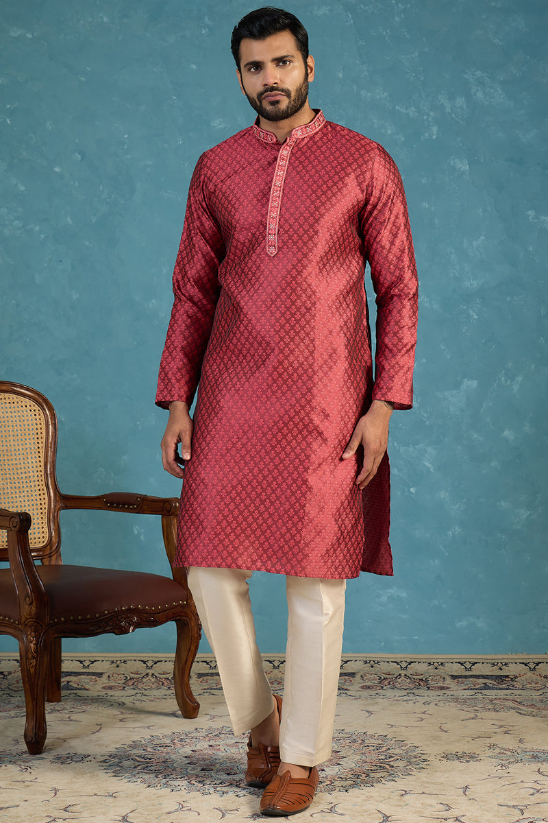 Maroon Jacquard Woven Design Straight Kurta With Trouser MKSET2342