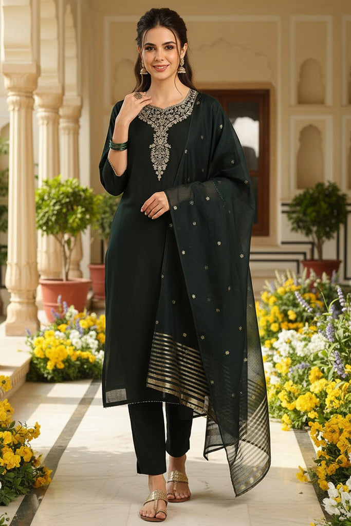 Green Chanderi Silk Solid Embroidered Straight Trousers Suit Set PKSKD2715