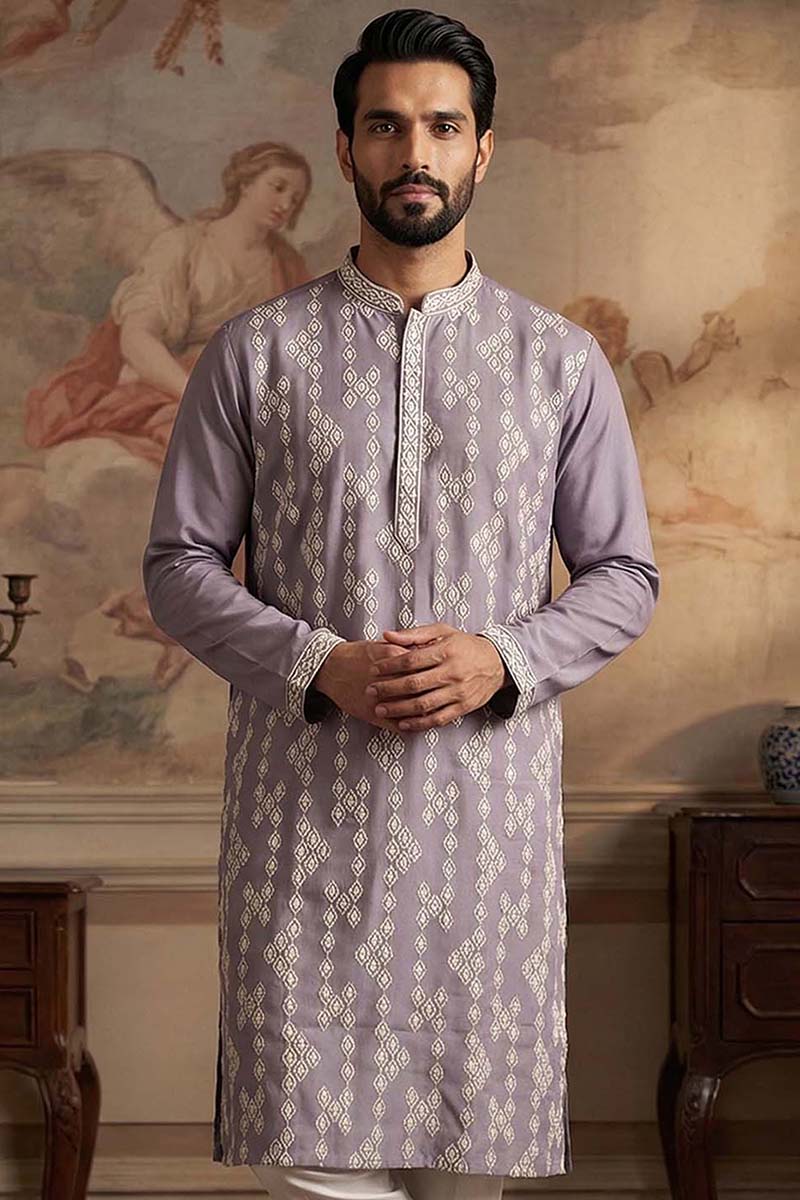 Silk Blend Lavender Solid Embroidered Calf Length Straight Kurta MKU2090