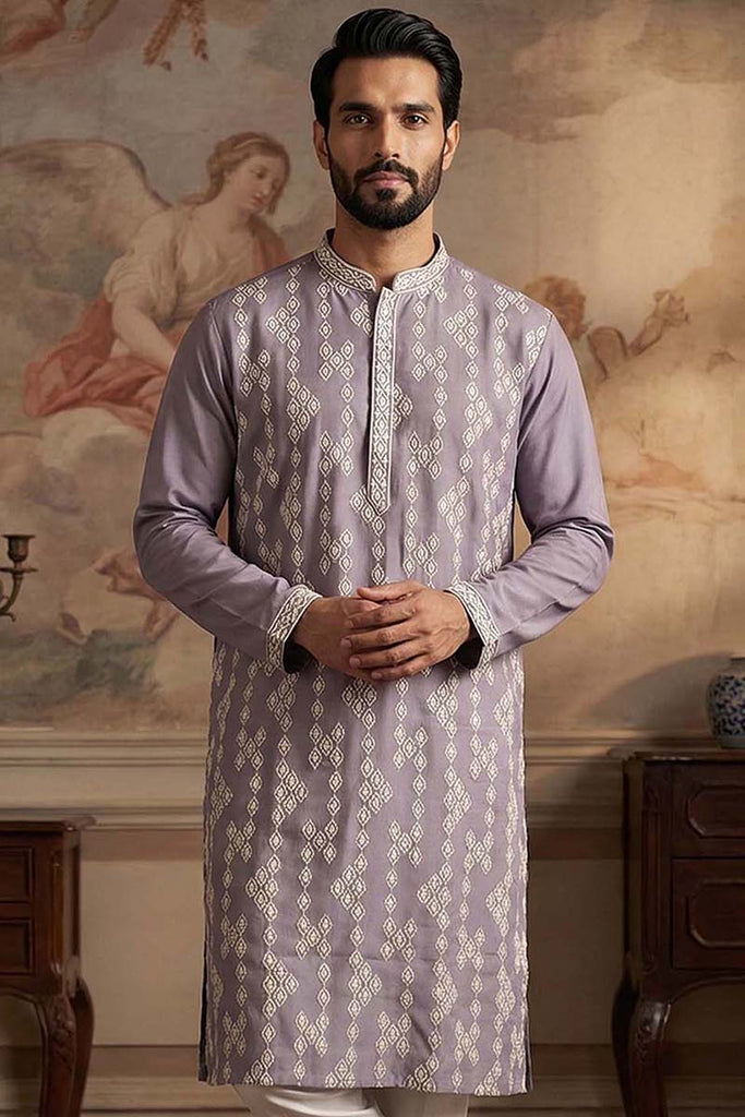 Silk Blend Lavender Solid Embroidered Calf Length Straight Kurta MKU2090