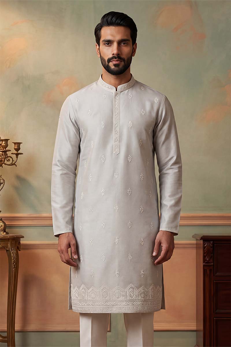 Silk Blend Silver Solid Embroidered Calf Length Straight Kurta MKU2273