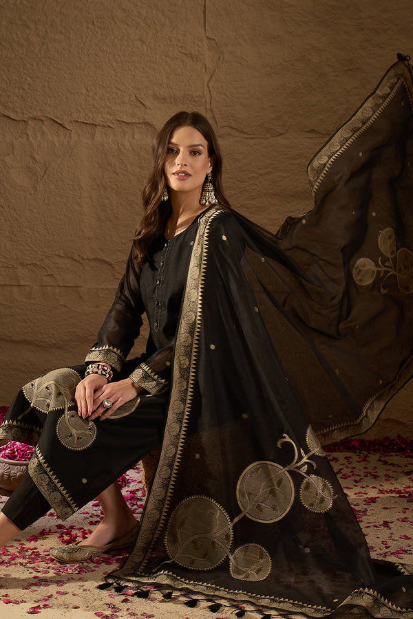 Black Chanderi Solid Woven Design Straight Kurta Trousers With Dupatta SKSKD3069