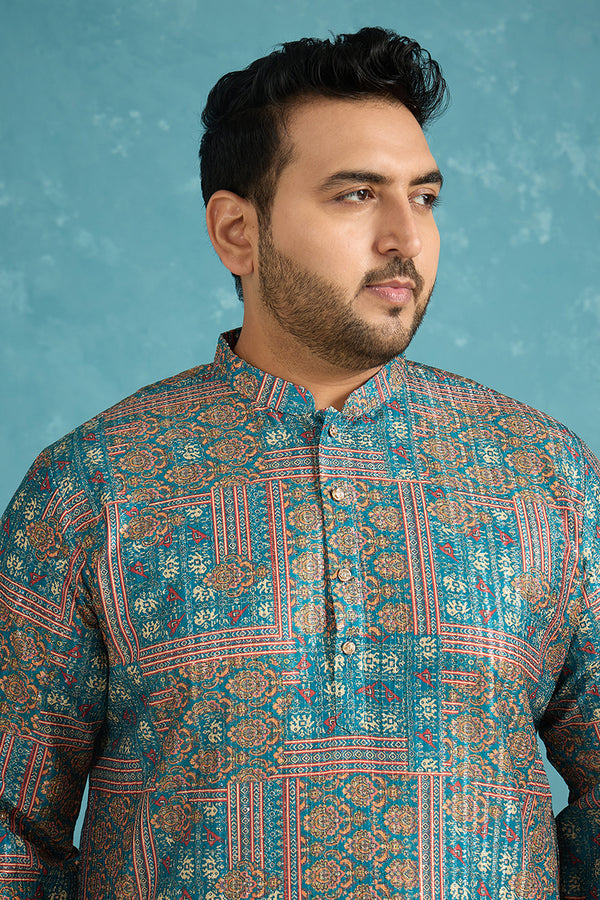 Blue Silk Blend Ethnic Motifs Printed Kurta MKU1934