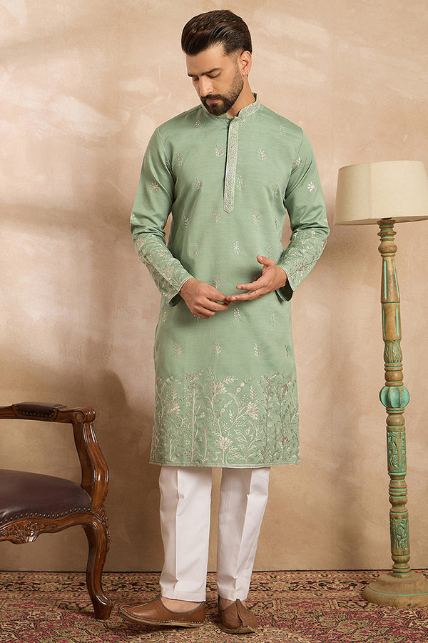 Green Silk Blend Solid Embroidered Straight Kurta With Trouser MKSET1783