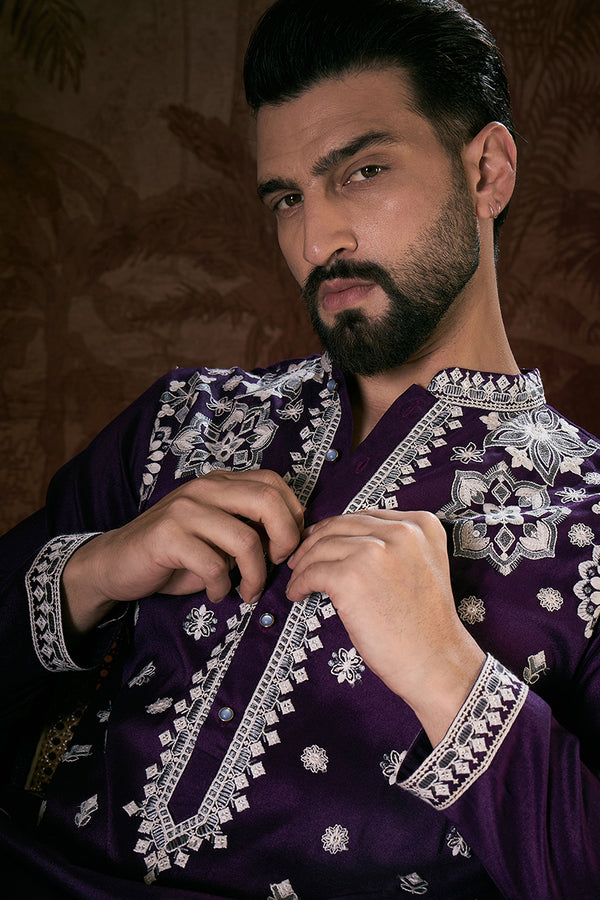 Purple Silk Blend Solid Embroidered Straight Kurta MKU1797