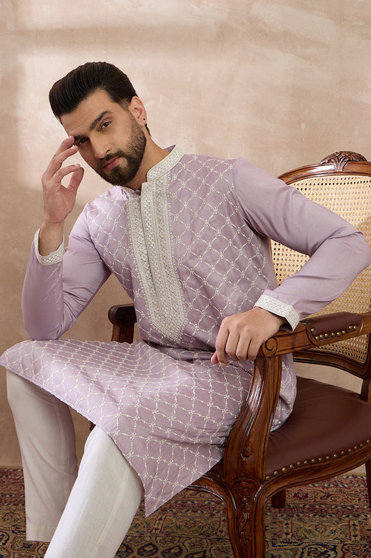 Lavender Silk Blend Embroidered Mandarin Collar Straight Kurta With Trouser MKSET1690
