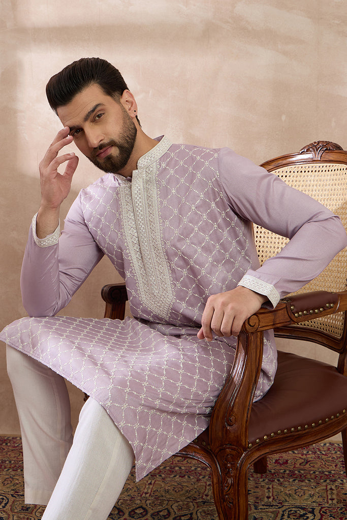 Lavender Silk Blend Embroidered Mandarin Collar Straight Kurta With Trouser MKSET1690