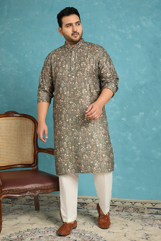 Olive Silk Blend Floral Printed Kurta MKU1911