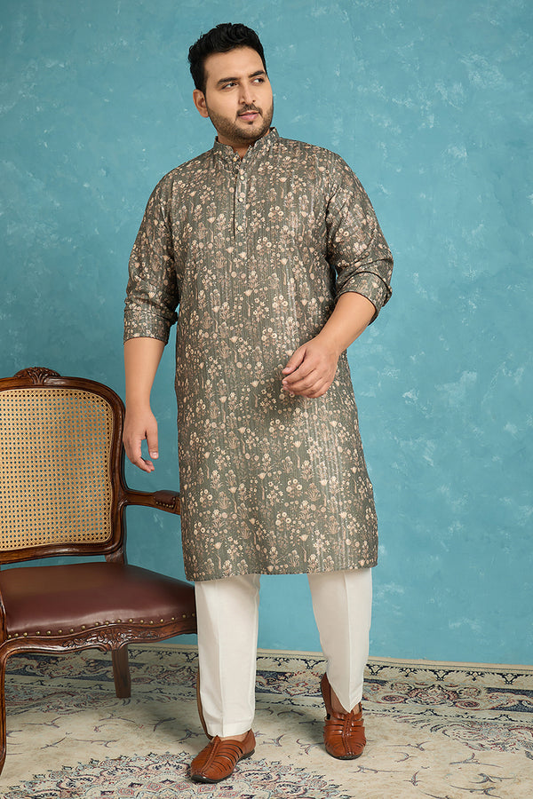 Olive Silk Blend Floral Printed Kurta MKU1911