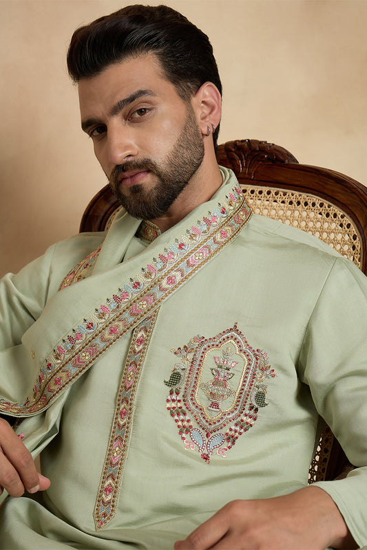 Green Silk Blend Solid Embroidered Sequins Kurta & Trouser With Dupatta MKPD1070