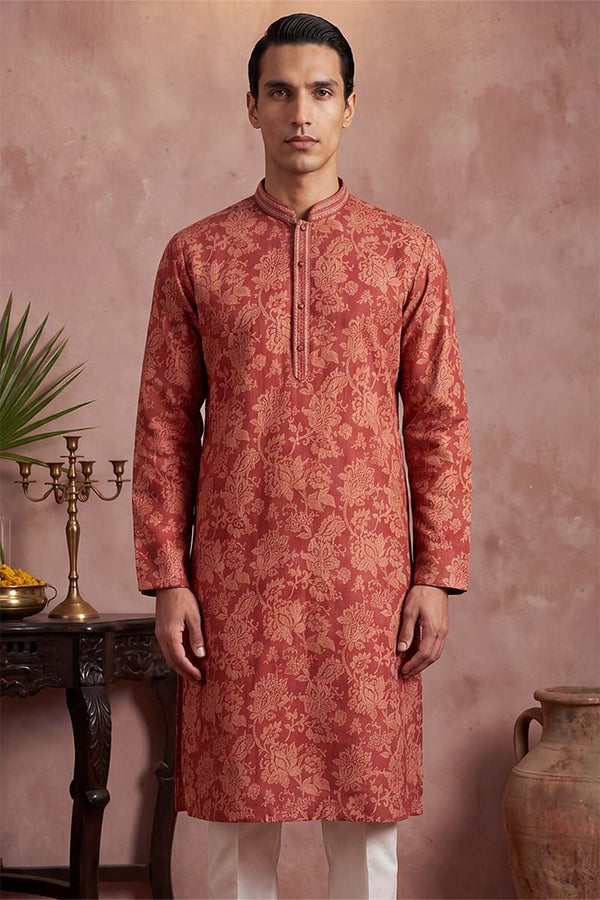 Red Silk Blend Floral Printed Kurta MKU1979