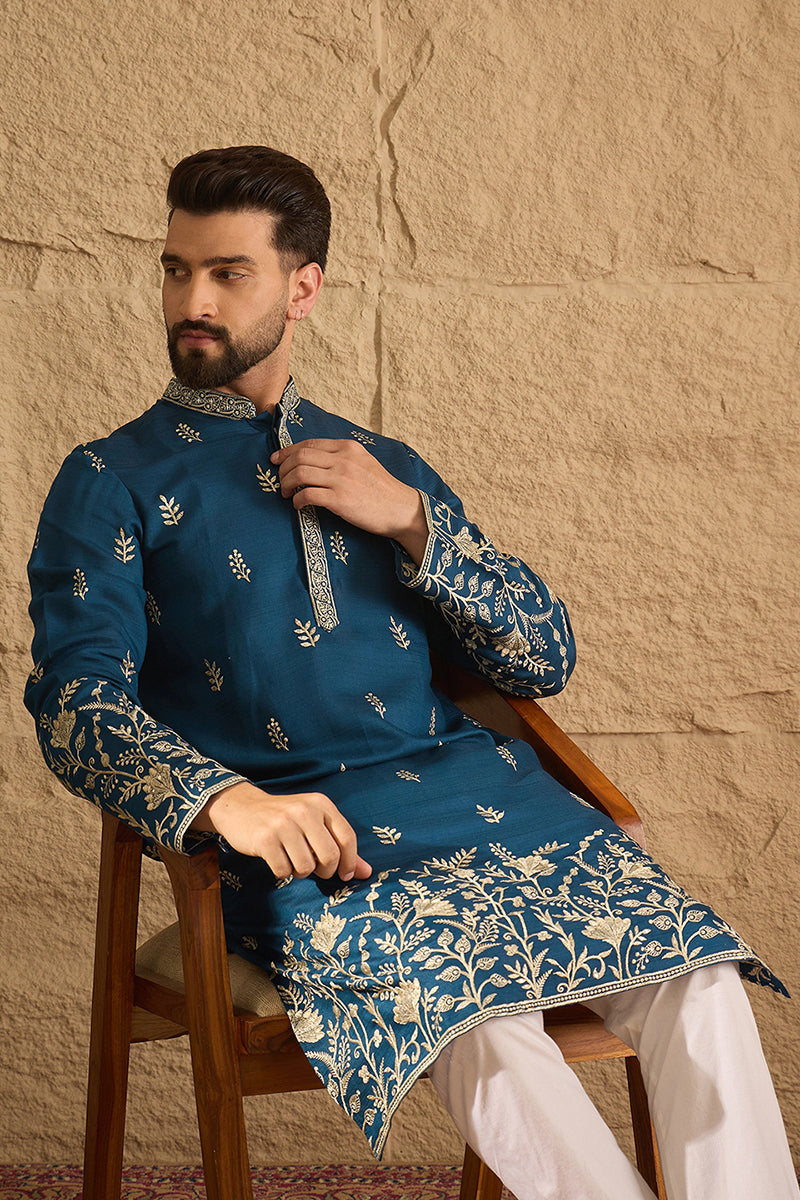 Blue Vertican Solid Embroidered Straight Kurta MKU1315