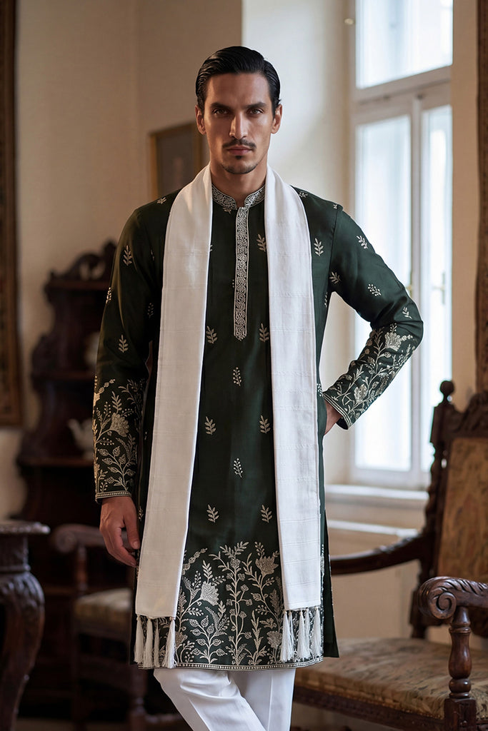 Olive Chanderi Silk Solid Embroidered Straight Kurta Trouser with Dupatta MKPD1319