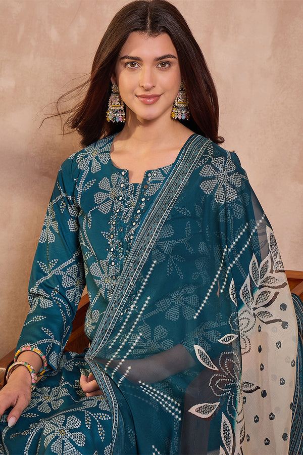 Blue Cotton Blend Floral Printed Straight Kurta Set VKSKD2425