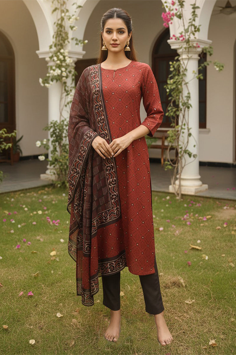 Red Cotton Blend Geometric Printed Straight Kurta Trousers With Dupatta VKSKD2414