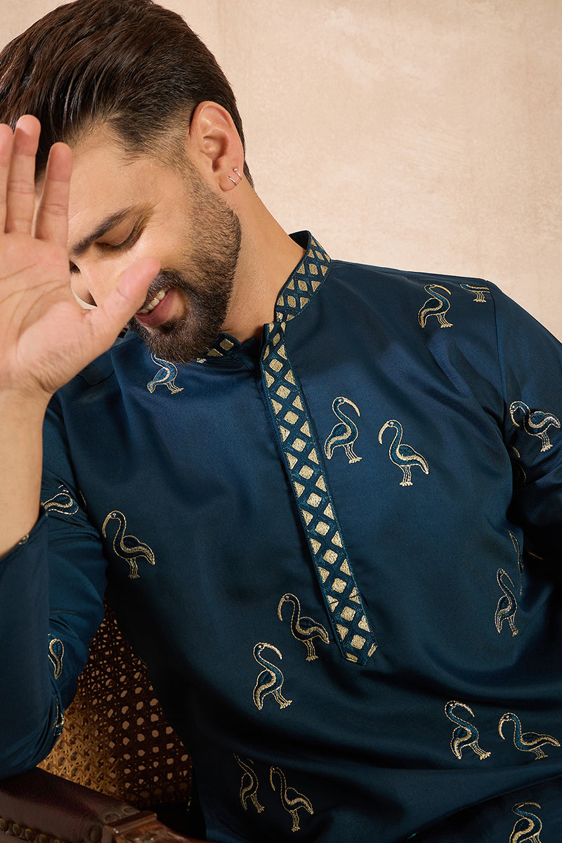 Navy Blue Silk Blend Solid Embroidered Straight Kurta MKU1816