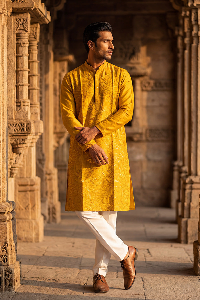 Yellow Silk Blend Embroidered Straight Kurta With Trousers MKSET2073