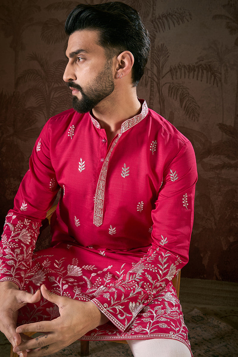 Pink Silk Blend Solid Embroidered Straight Kurta MKU1943