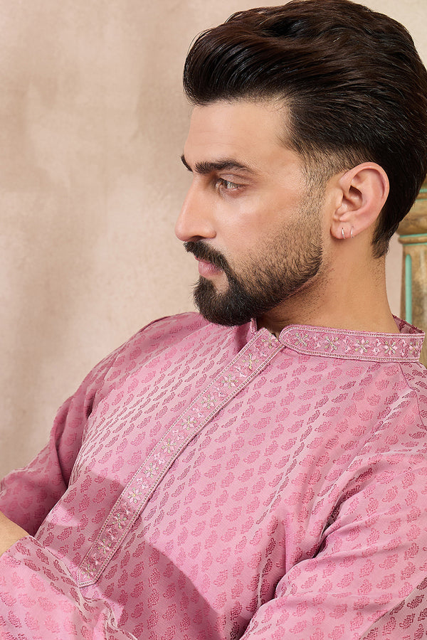 Pink Silk Blend Solid Woven Design Straight Kurta MKU1898