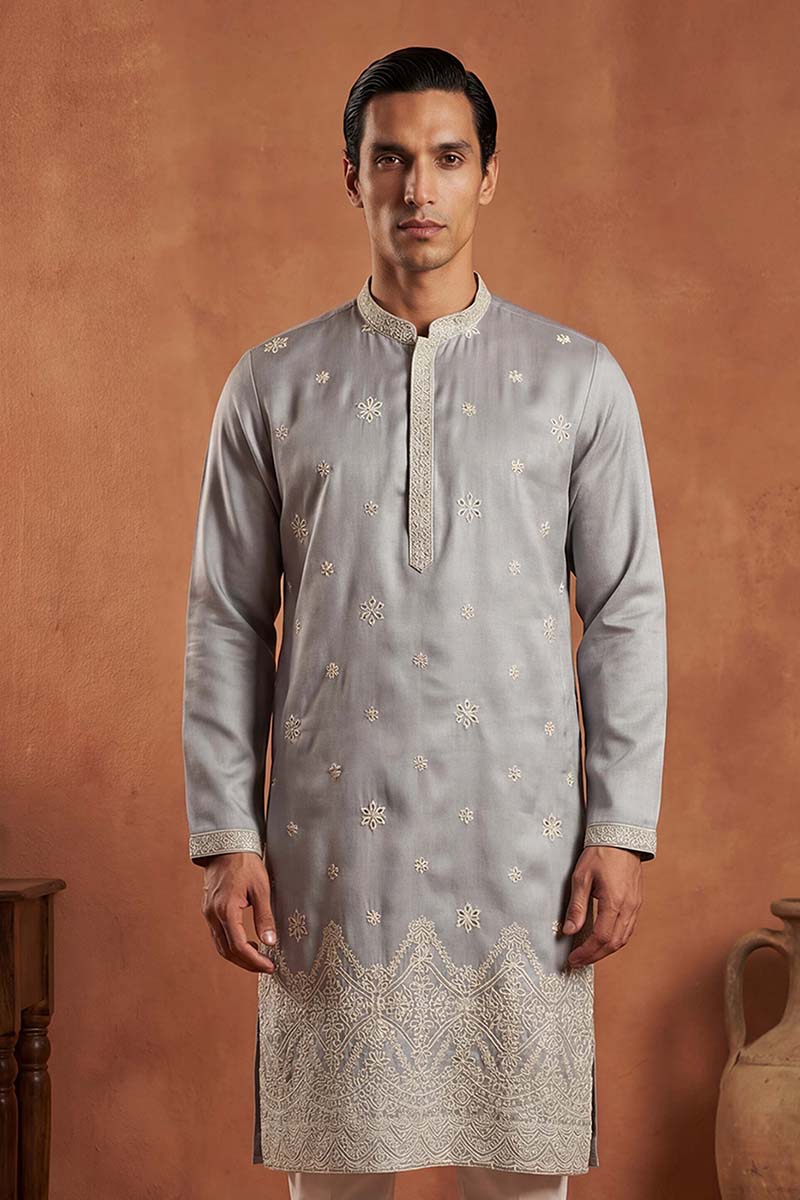 Blue Silk Blend Solid Embroidered Kurta With Trousers MKSET2175