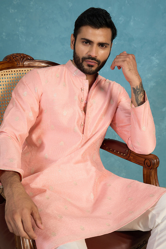 Pink Jacquard Ethnic Motifs Woven Design Kurta With Trouser MKSET2394
