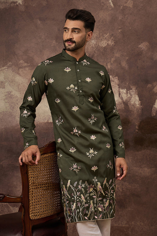 Green Silk Blend Solid Embroidered Straight Kurta MKU1338