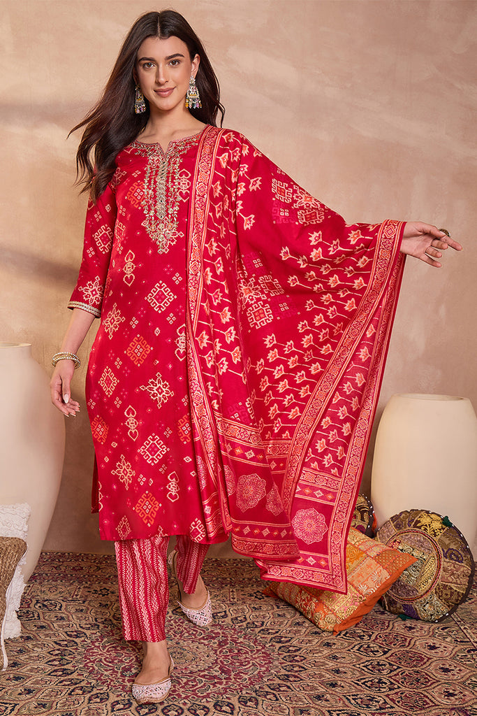 Pink Silk Blend Printed Ethnic Motifs Straight Kurta Set PKSKD3229
