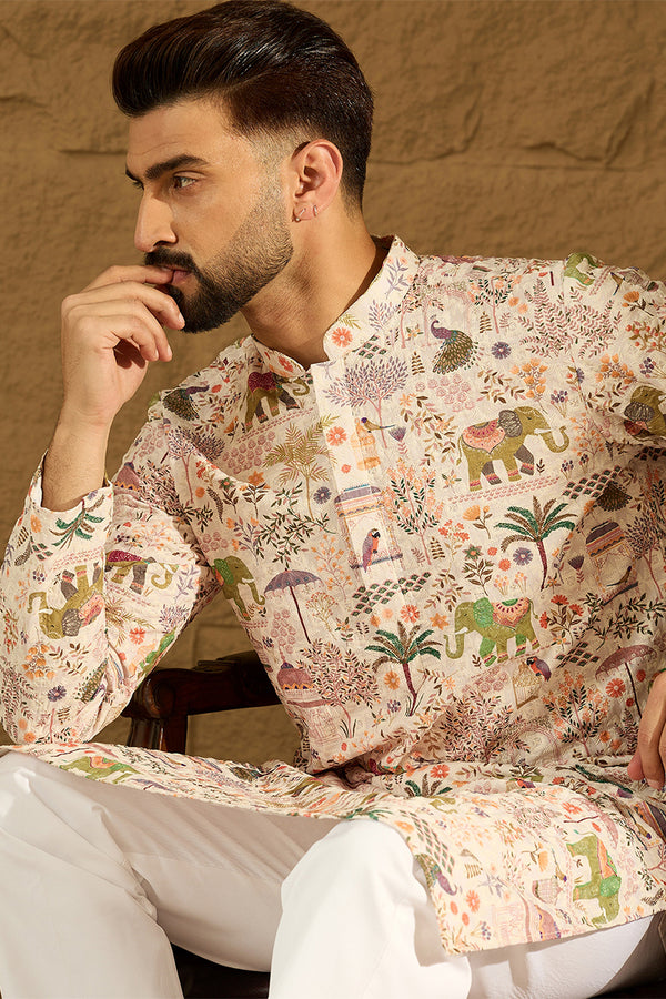 Cream Viscose Rayon Ethnic Motifs Printed Straight Kurta with Trouser MKSET1616
