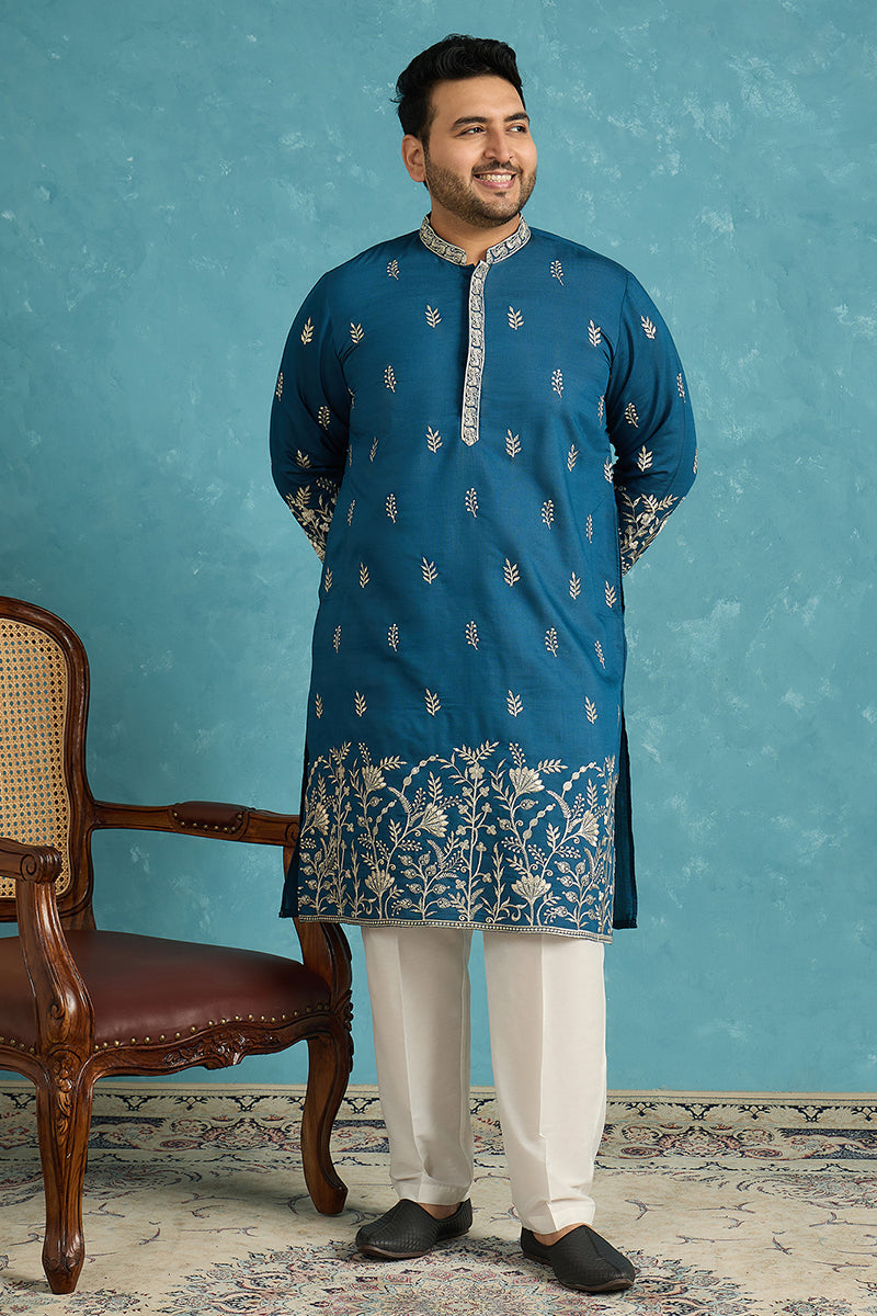 Blue Silk Blend Solid Thread Work Embroidered Kurta MKU1315