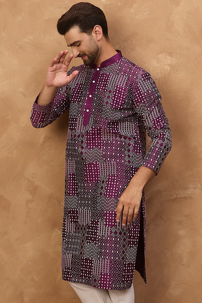 Purple Silk Blend Geometric Printed Straight Kurta MKU1529