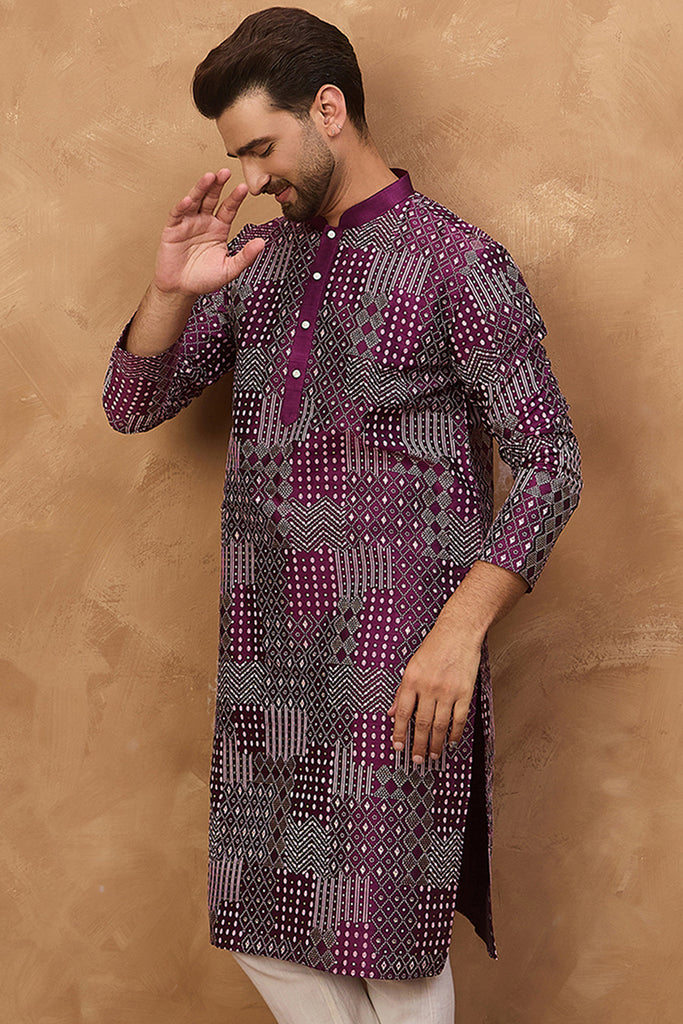 Purple Silk Blend Geometric Printed Straight Kurta MKU1529