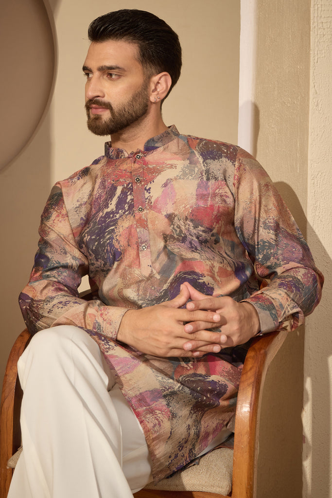 Multi Silk Blend Abstract Printed Mandarin Collar Kurta MKU2621