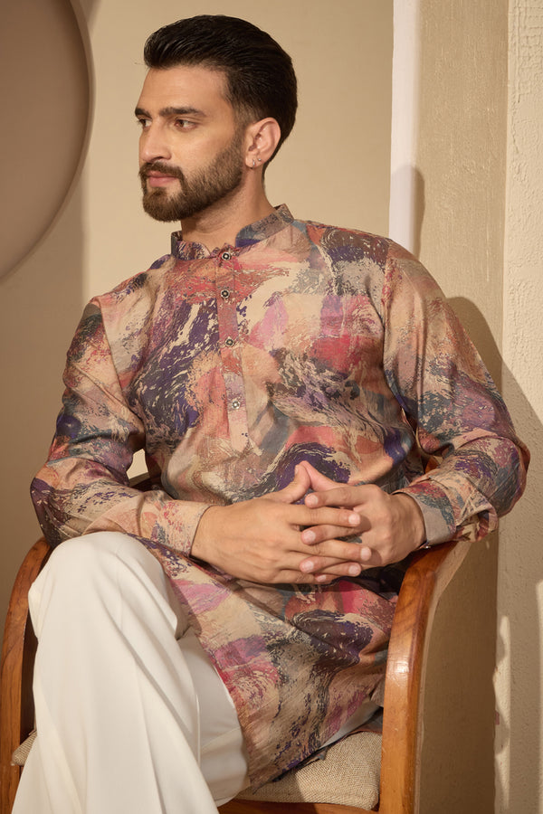 Multi Silk Blend Abstract Printed Mandarin Collar Kurta MKU2621
