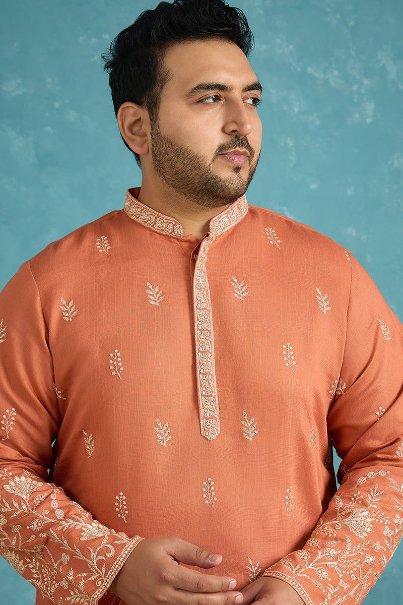 Peach Silk Blend Solid Thread Work Embroidered Kurta MKU1935