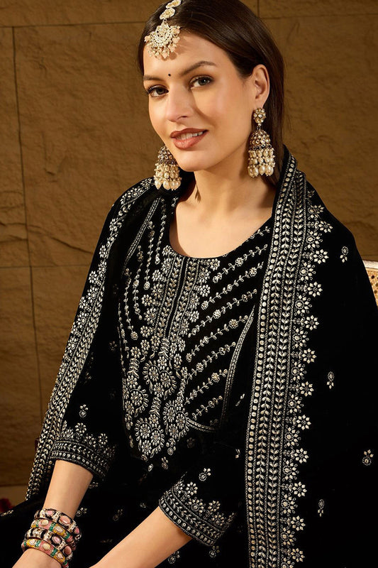Black Velvet Ethnic Motifs Printed Straight Trousers Suit Set PKSKD2922