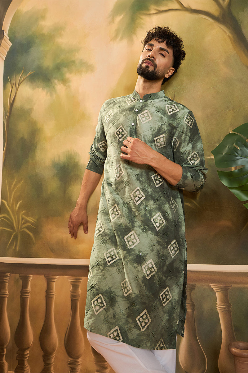 Green Silk Blend Batik Embroidered Straight Kurta with Trouser MKSET1464