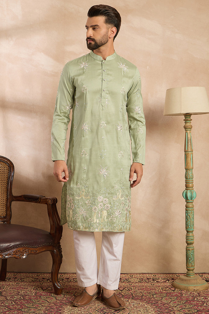 Olive Silk Blend Solid Embroidered Straight Kurta With Trouser MKSET1682