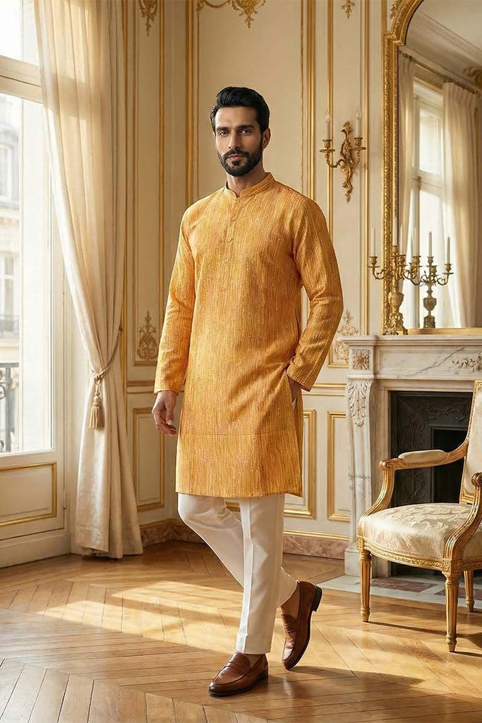 Yellow Silk Blend Printed Straight Kurta With Trousers MKSET2170