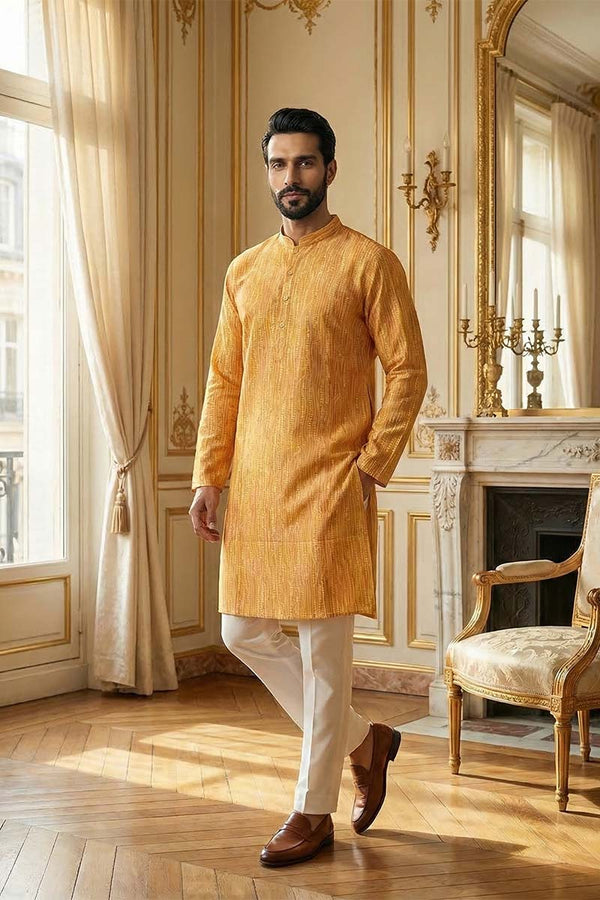 Yellow Silk Blend Printed Straight Kurta With Trousers MKSET2170