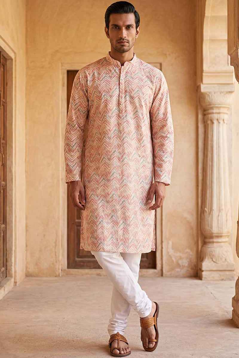 Peach Cotton Blend Chevron Embroidered Kurta MKU2069
