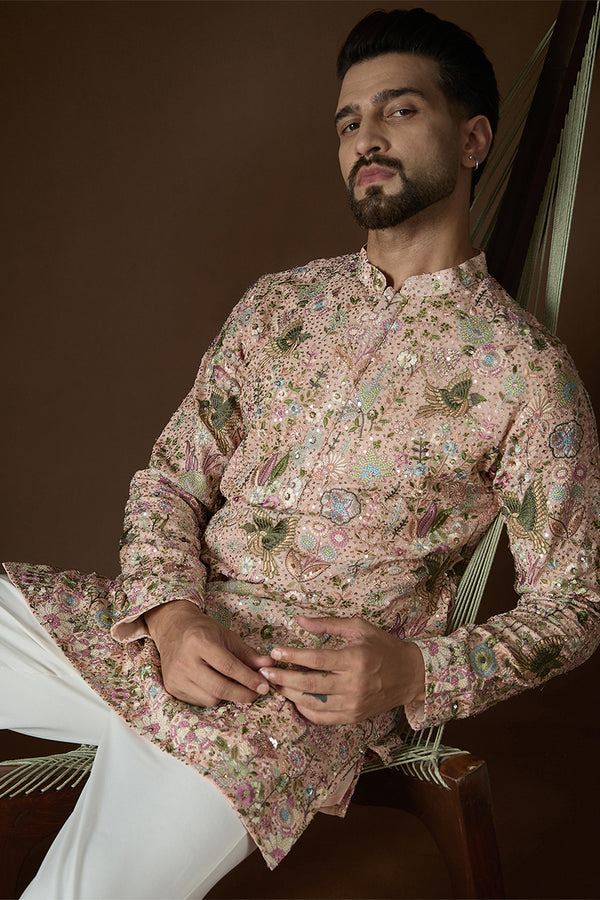Peach Georgette Solid Embroidered Kurta With Trouser MKSET2726