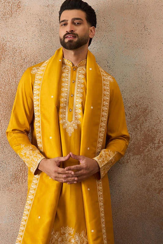 Yellow Silk Blend Solid Embroidered Kurta & Trouser With Dupatta MKPD1010