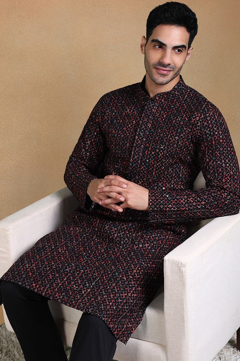 Black Viscose Rayon Geometric Dyed Straight Kurta with Trousers MKSET1013BLK