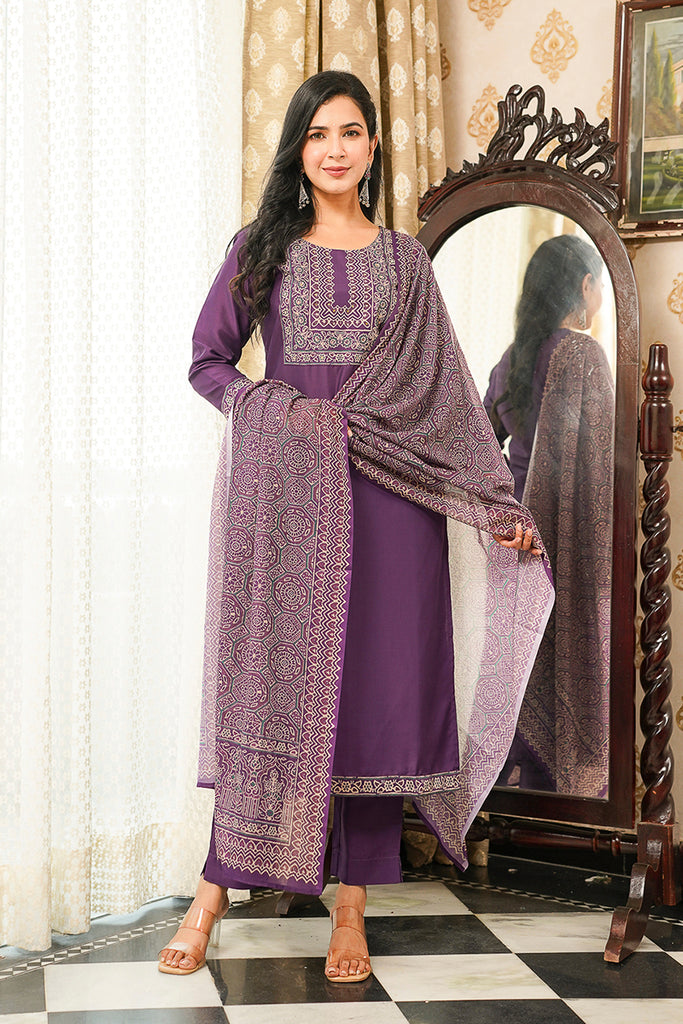 Purple Cotton Blend Ajrakh Printed Straight Kurta Trousers With Dupatta PKSKD3067