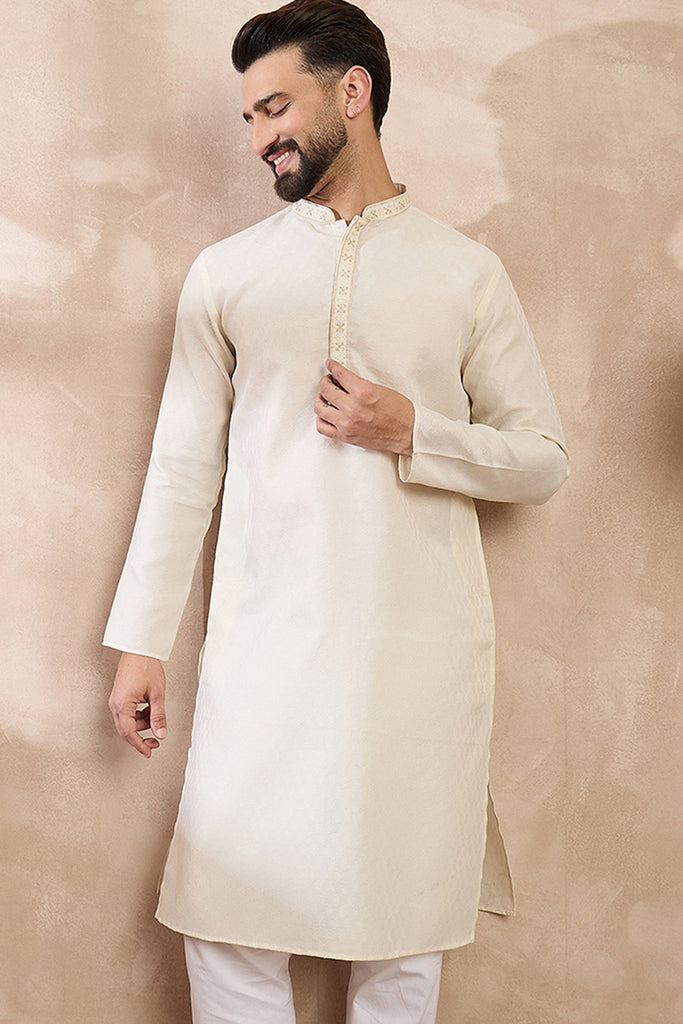 Off White Silk Blend Solid Woven Design Straight Kurta MKU1897