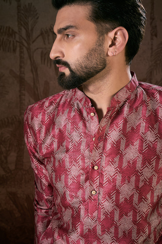 Maroon Silk Blend Chevron Printed Straight Kurta With Trouser MKSET1904