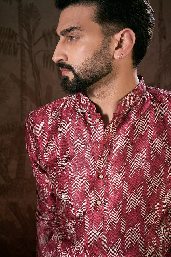 Maroon Silk Blend Chevron Printed Straight Kurta With Trouser MKSET1904