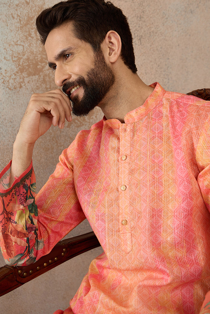 Orange Silk Blend Ethnic Motifs Printed Straight Kurta with Trousers  MKSET2369